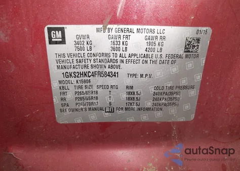 2015 GMC Yukon Xl 1500 Slt из США, поврежденный, VIN 1GKS2HKC4FR584341